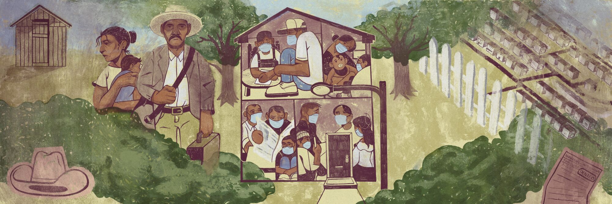 Illustration of people filling a house in middle. Left: a man with luggage and woman and child. Right: homes behind a fence