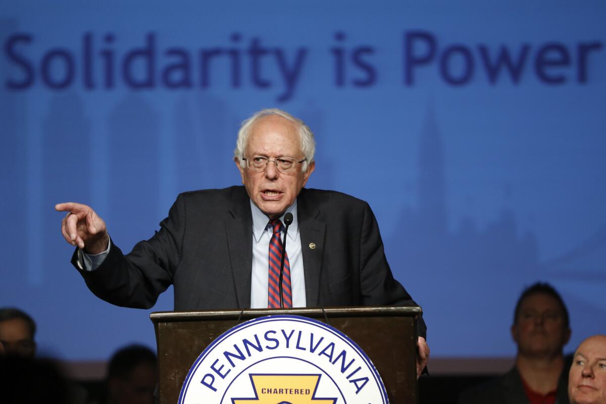 Democratic presidential candidate Bernie Sanders speaks during a campaign stop at the Pennsylvania AFL-CIO Convention in Philadelphia on April 7.