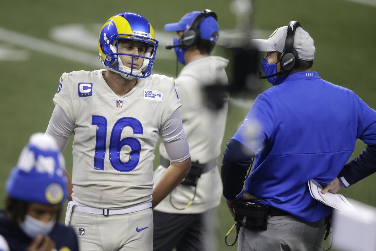 Rams quarterback Jared Goff reacts on the sideline.