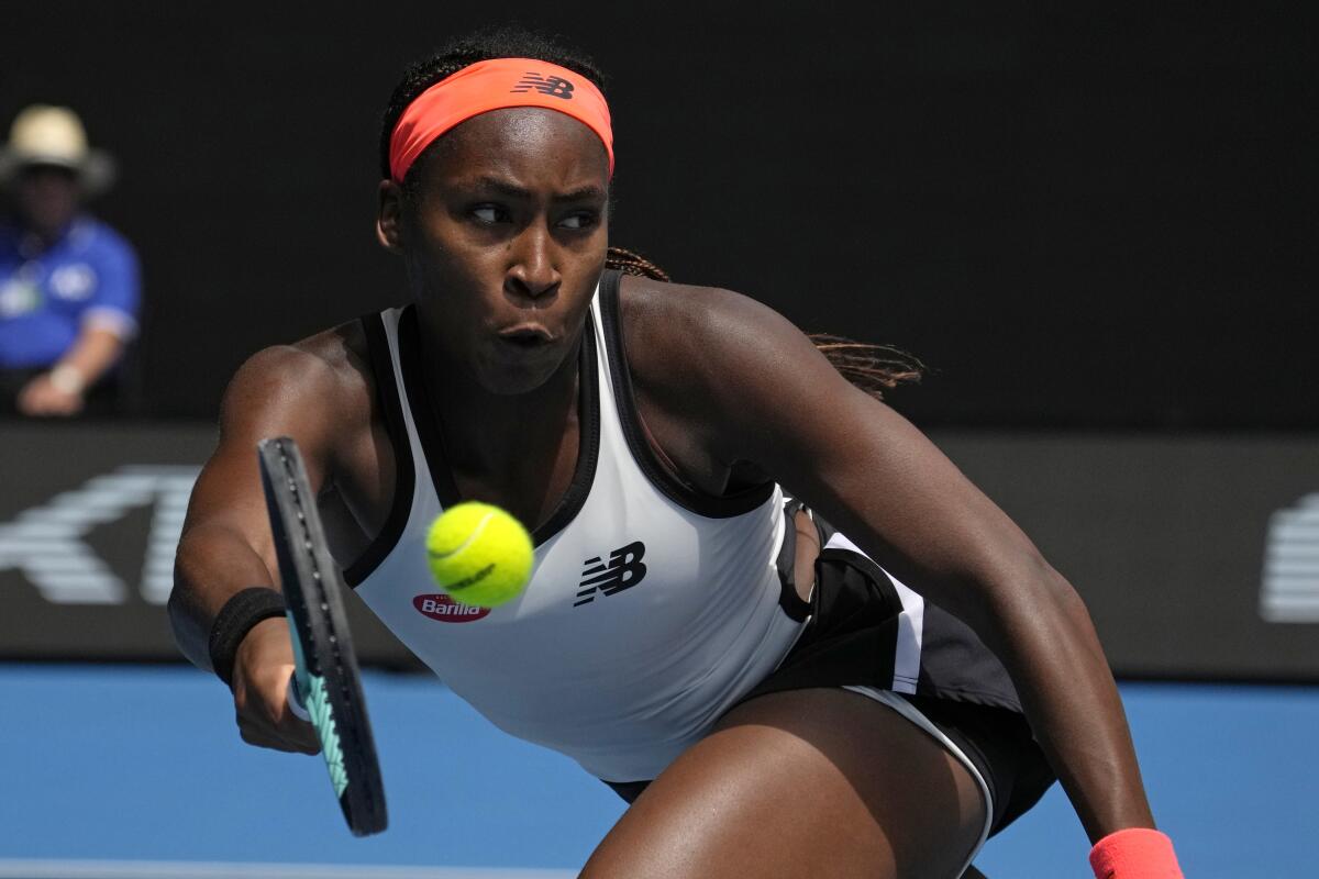 Coco Gauff of the U.S. plays a forehand return to Katerina Siniakova of the Czech Republic during their first round.