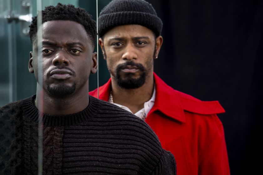 WEST HOLLYWOOD, CA - FEBRUARY 01: Actors Daniel Kaluuya and LaKieth Stanfield are photographed in promotion of the upcoming film, "Judas and the Black Messiah," on the rooftop, of the London Hotel, in West Hollywood, CA, Monday, Feb. 1, 2021. Stanfield portrays William O'Neal, who worked as a FBI informant infiltrating the Illinois Black Panther Party and spying on the charismatic leader Chairman Fred Hampton, played by Kaluuya. (Jay L. Clendenin / Los Angeles Times)