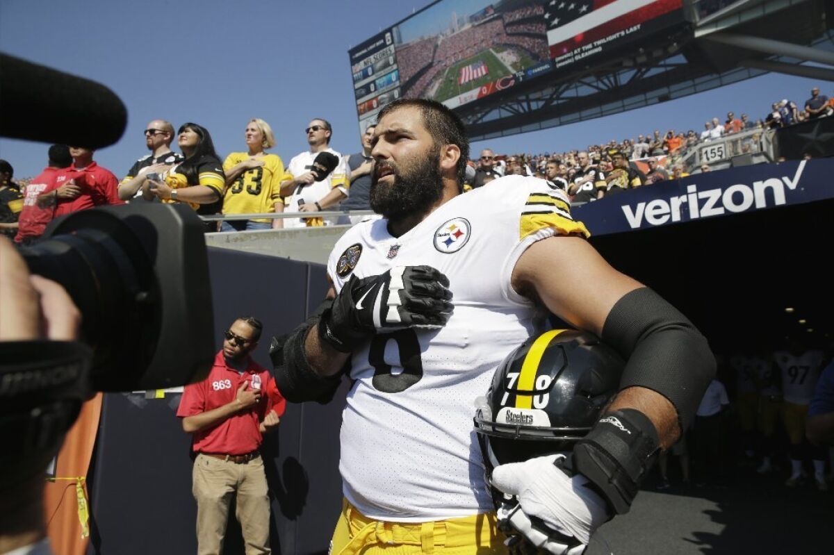 Steelers offensive tackle Alejandro Villanueva, a former Army Ranger, stands outside the tunnel during the national anthem before a Sept. 24 game against the Bears in Chicago.