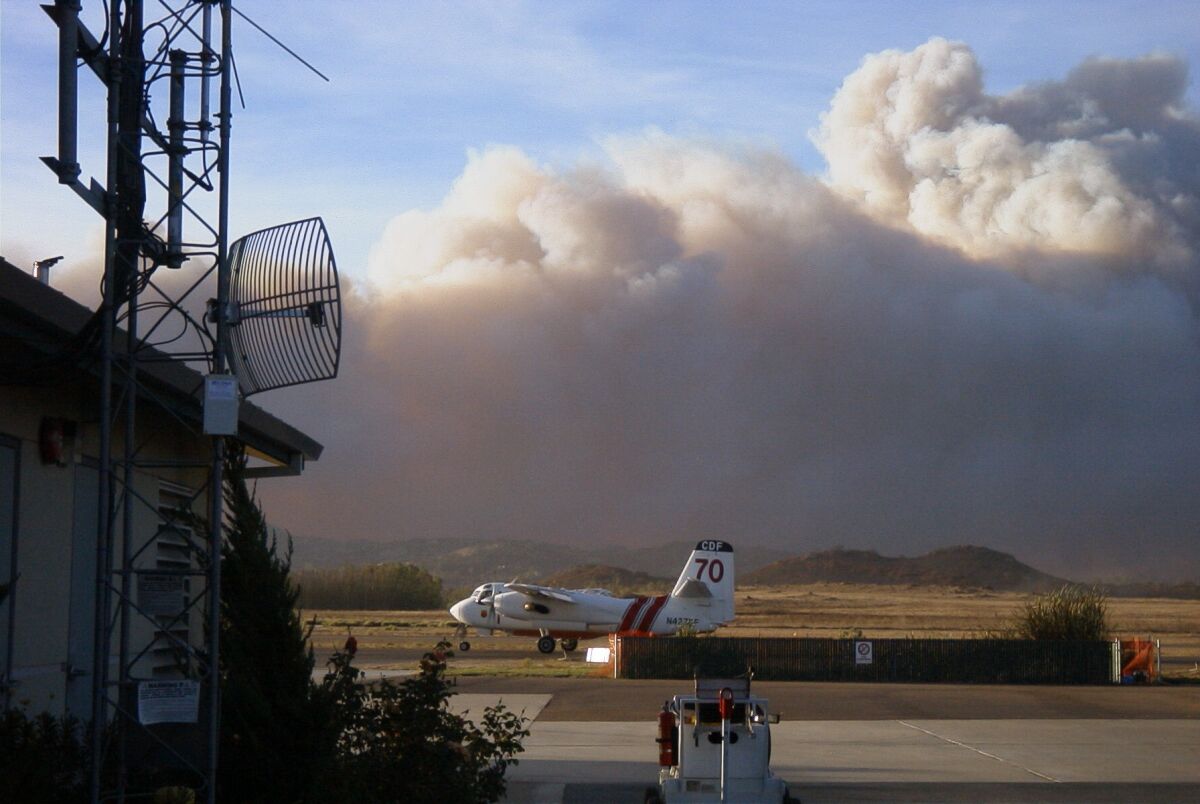 HPWREN captured this image of a water tanker at the Ramona Air Attack Base just before it took off to battle a 2003 wildfire.