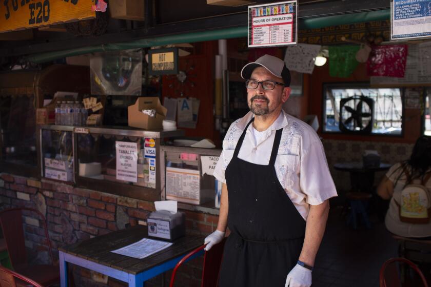 Edward Flores, owner of Juanita's Cafe, photographed at Olvera Street, on April 18th, 2021. (James Bernal for the Reveal/LA Times)