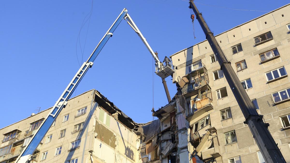 Crews work Monday at the scene of a collapsed apartment building in Magnitogorsk, southeast of Moscow.