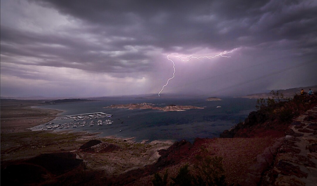 A lightning strike is seen in an aerial view of Lake Mead