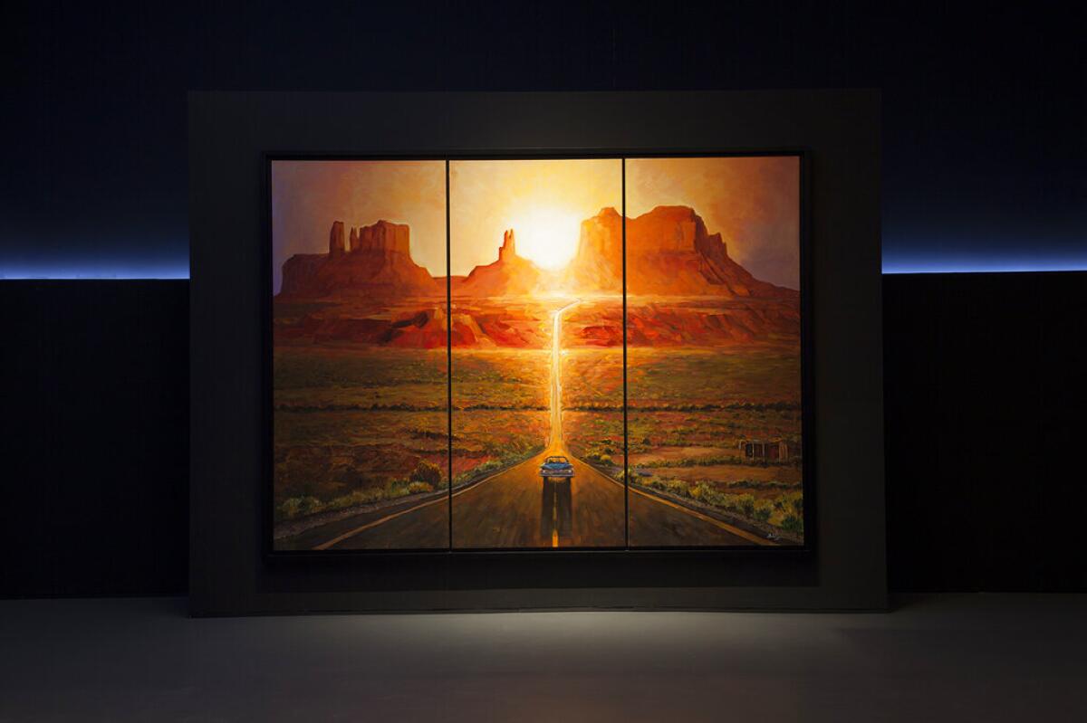 En esta imagen proporcionada por Bob Dylan, su pintura "Sunset, Monumet, Valley" de 2019.
