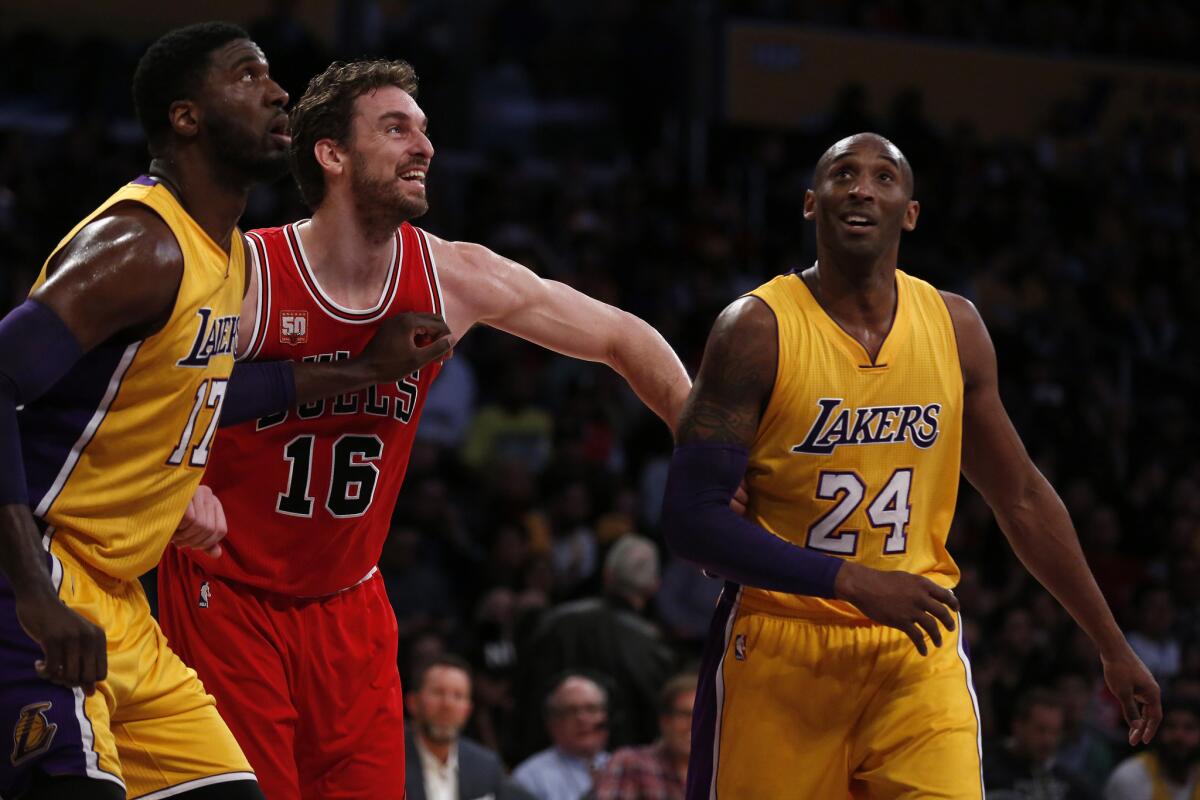 Bulls forward Pau Gasol and Lakers guard Kobe Bryant joke during a Jan. 28 game at Staples Center.
