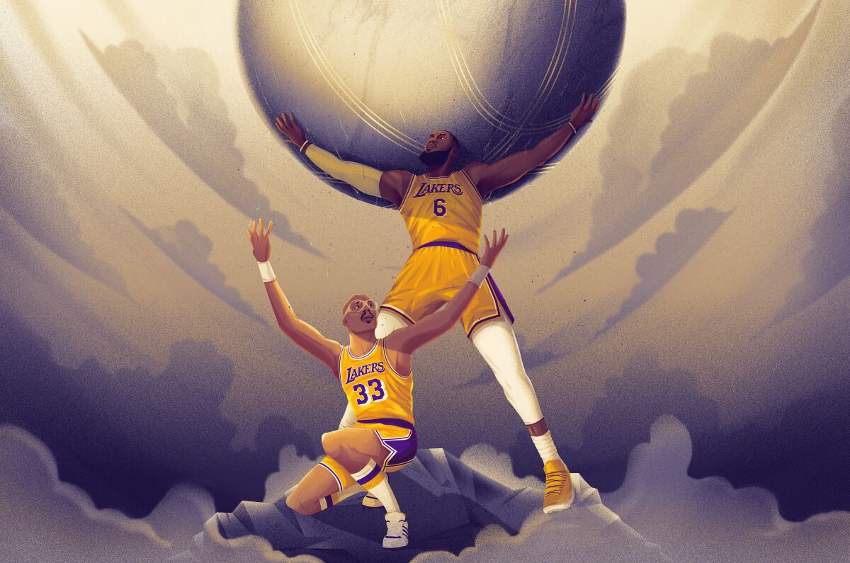 An illustration of LeBron James standing, lifting a large ball from the arms of Kareem Abdul-Jabbar, who is crouched down.