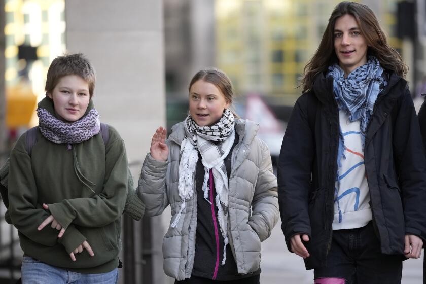 Environmental activist Greta Thunberg arrives at Westminster Magistrates Court in London, Thursday, Feb. 1, 2024. The 20-year-old Climate activist from Sweden is on trial after she was arrested during a demonstration on October 17, 2023.(AP Photo/Kin Cheung)