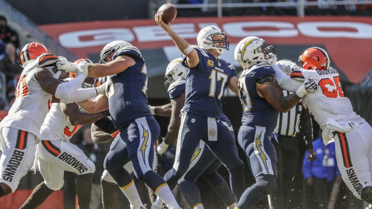 Chargers quarterback Philip Rivers delivers a pass against the Cleveland Browns.