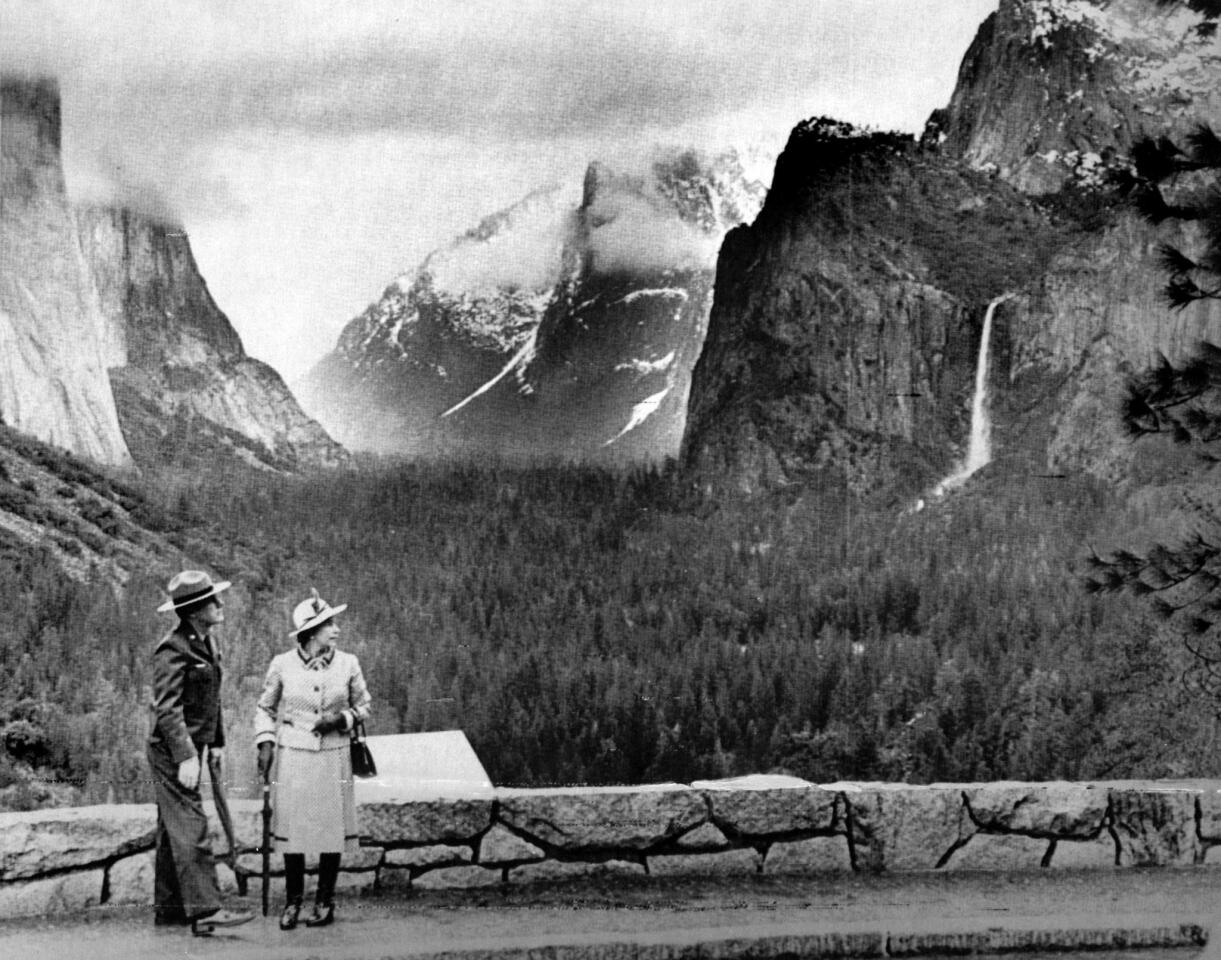 March 5, 1983: Queen Elizabeth II visits Yosemite National Park, accompanied by park superintendent Robert O. Binnewies. This photo was published in the March 6, 1983, Los Angeles Times.