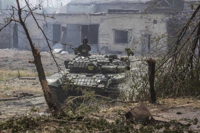 A Ukrainian soldier on a tank during heavy fighting in Severodonetsk, Ukraine, earlier this month.