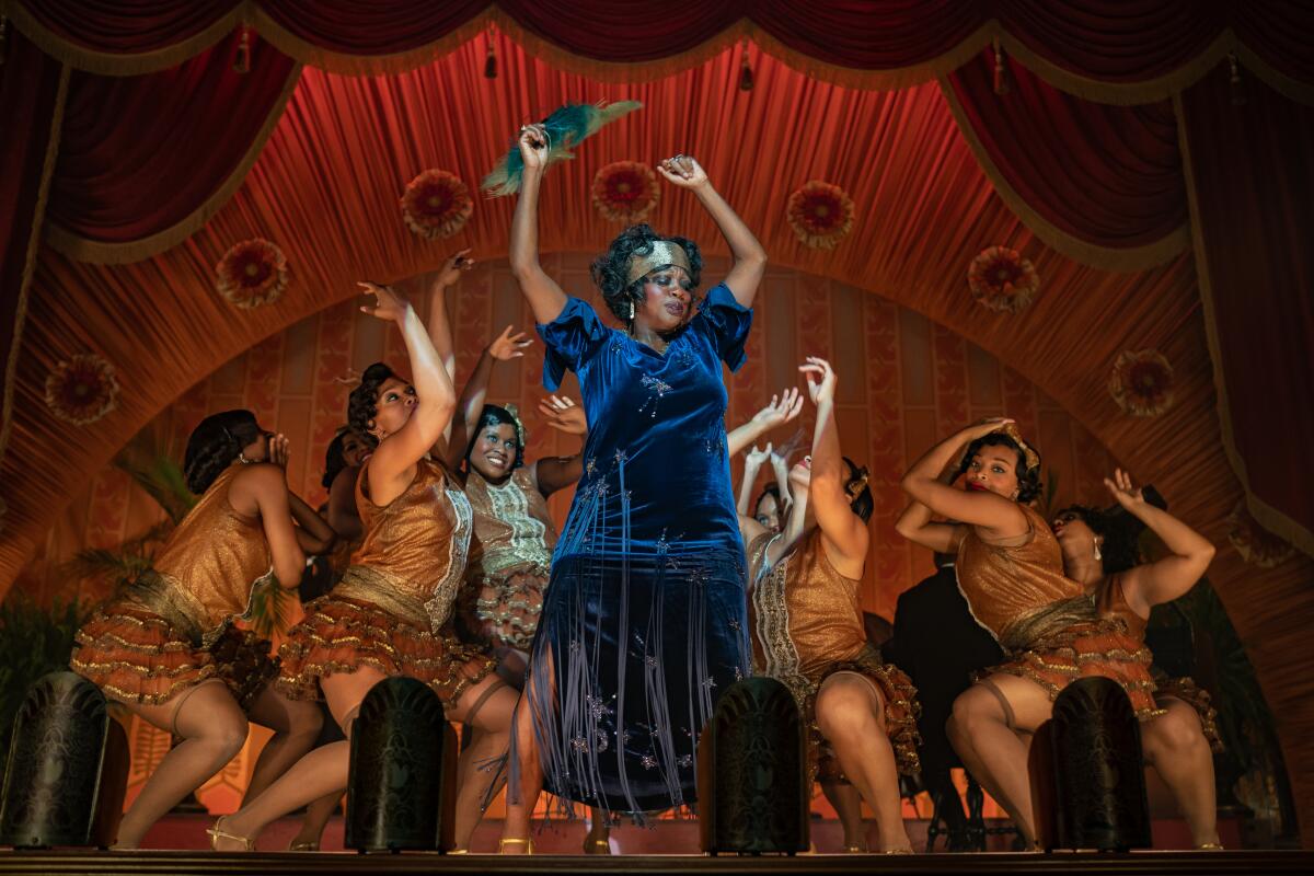 Viola Davis dancing onstage with a group of backup dancers in "Ma Rainey's Black Bottom"