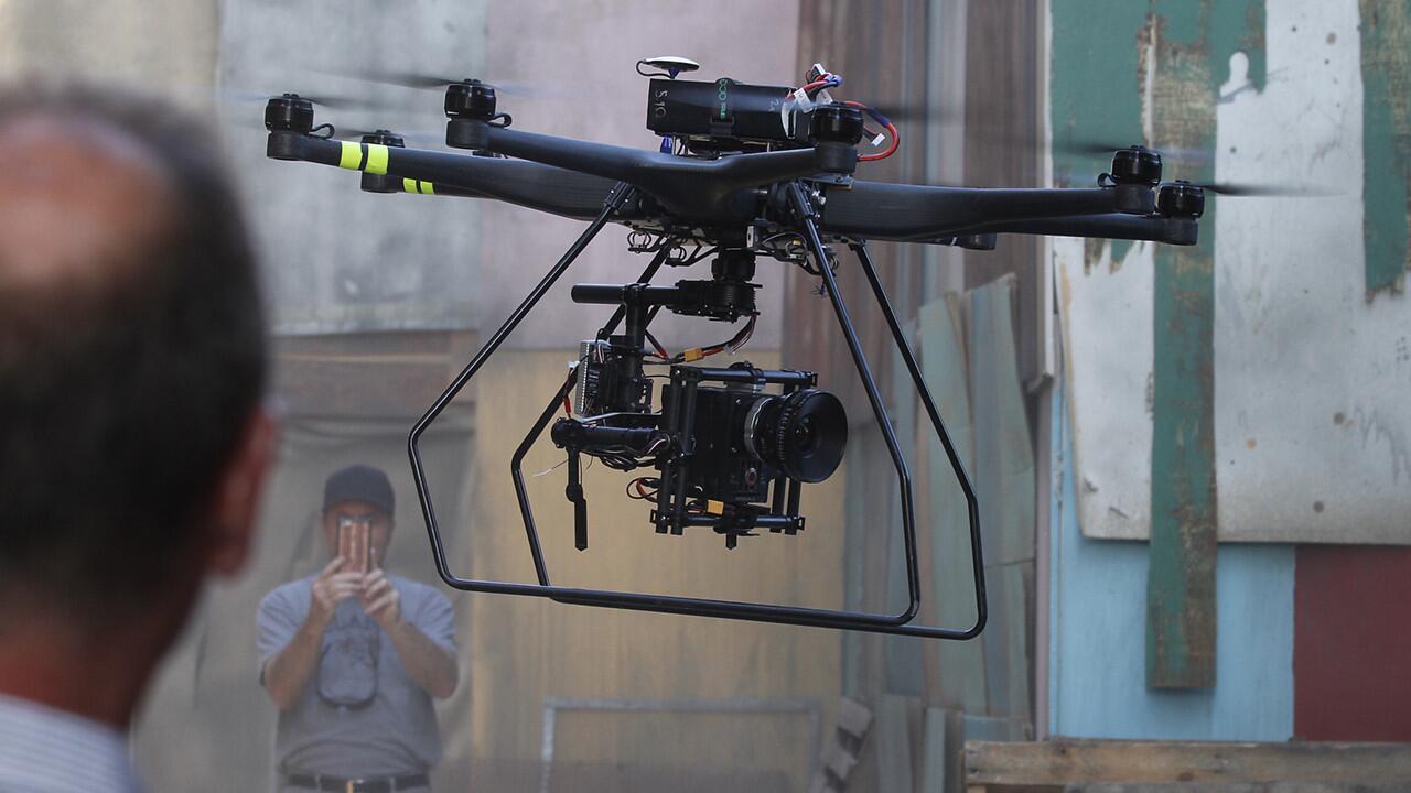An Aerial MOB drone lands after filming a scene for "Criminal Minds: Beyond Borders" at a Santa Clarita ranch.