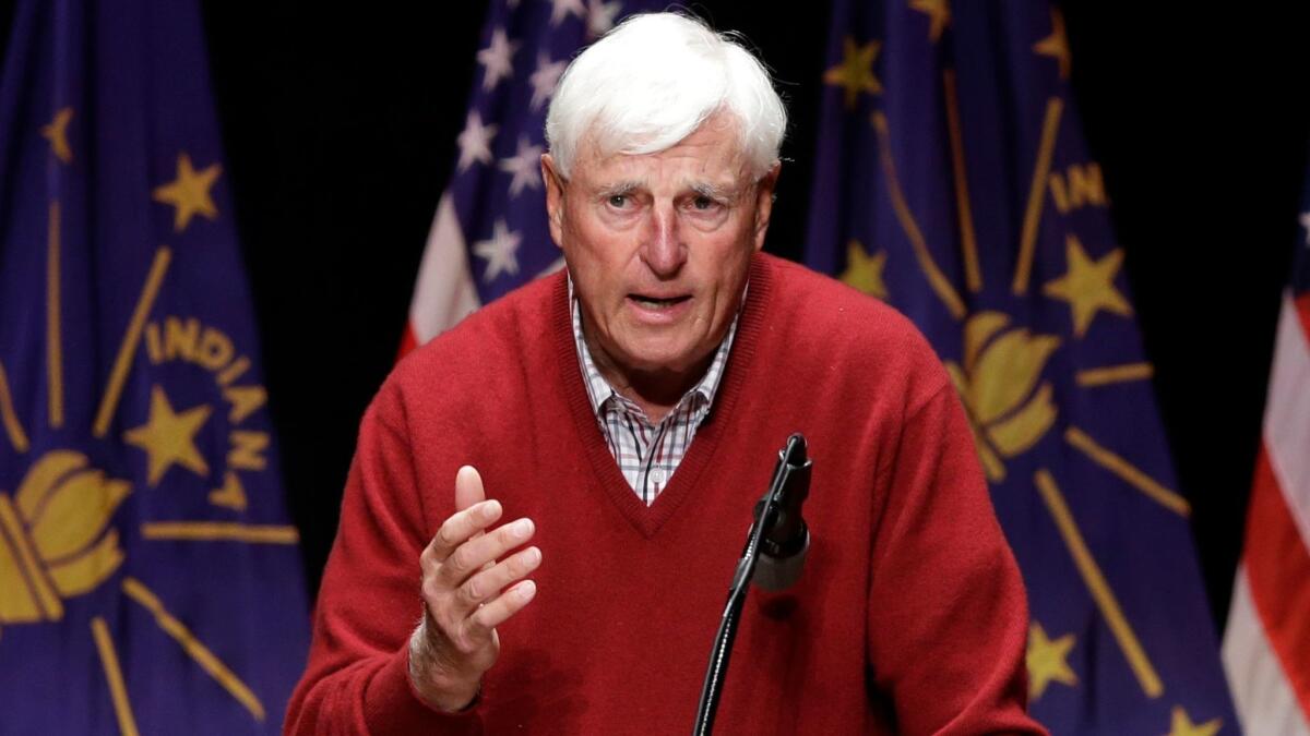 Bob Knight speaks during a campaign stop for Donald Trump on April 28, 2016.