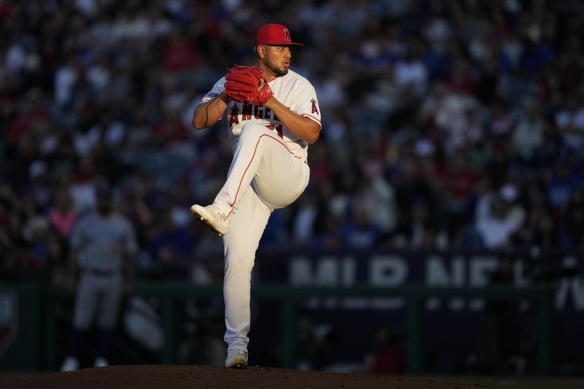 Angels pitcher Jaime Barría throws during the second inning against the Chicago Cubs at Angel Stadium.