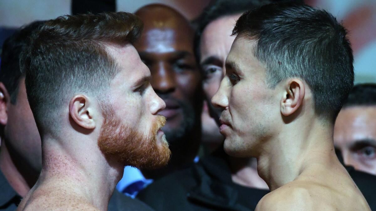 Canelo Alvarez, left, and Gennady Golovkin face off before last year's fight.