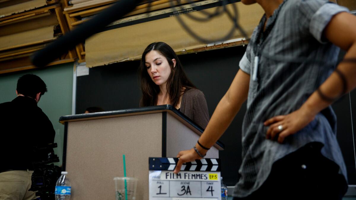 Laura Brunkala, center, is working as a producer on the set of the series, "Film Femmes," on the California State University Northridge campus in Northridge, Calif.