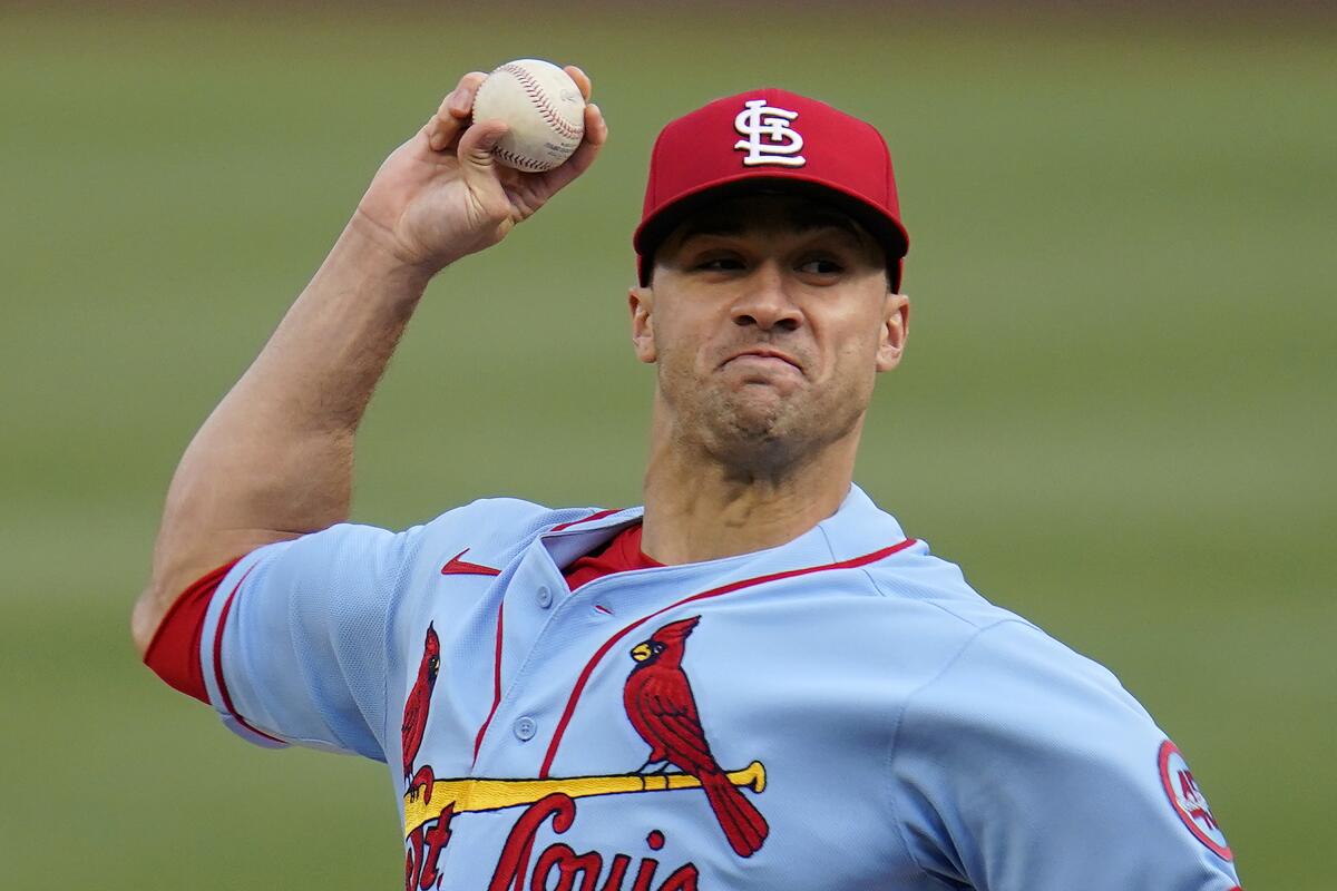 St. Louis Cardinals starting pitcher Jack Flaherty delivers during the first inning of the team's baseball game against the Pittsburgh Pirates in Pittsburgh, Saturday, May 1, 2021.(AP Photo/Gene J. Puskar)