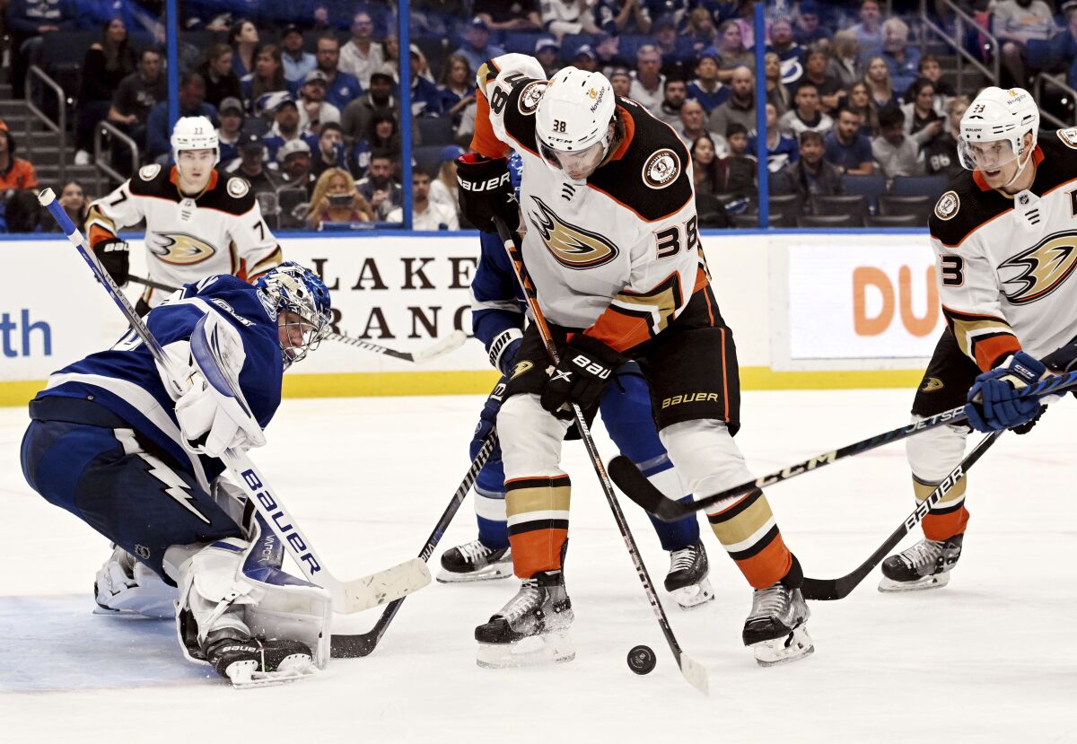Ducks center Derek Grant looks for a shot against Tampa Bay Lightning goaltender Andrei Vasilevskiy.