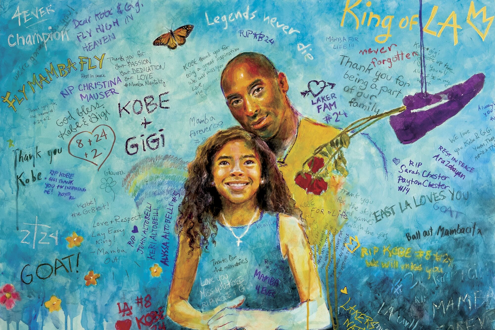 Portrait illustration of Kobe and Gianna Bryant.