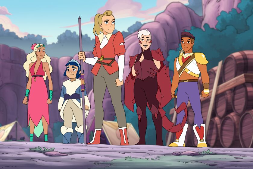 From left, Perfuma, Frosta, Adora, Scorpia and Bow in an episode of "She-Ra and the Princesses of Power"