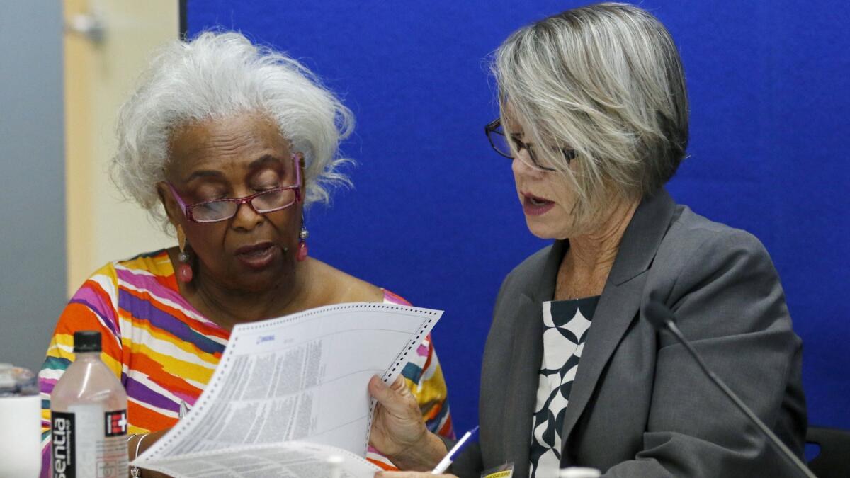 Brenda Snipes, left, Broward County supervisor of elections, looks at a ballot with Betsy Benson, canvassing board chair, during a canvassing board meeting Friday.