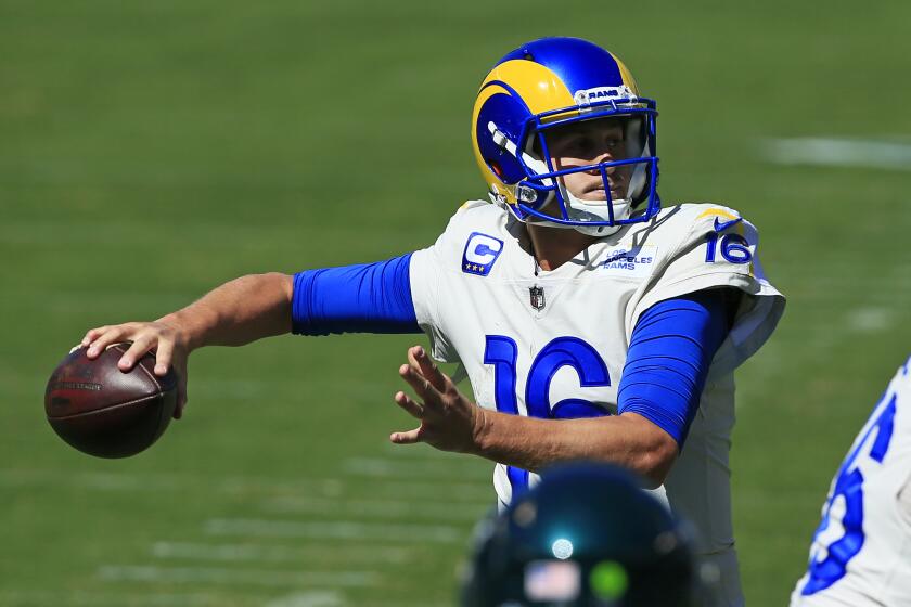 Los Angeles Rams quarterback Jared Goff (16) looks to throw against the Philadelphia Eagles.