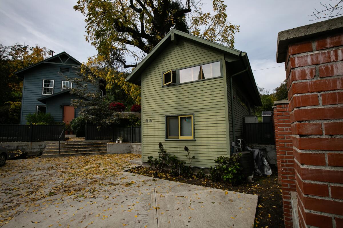 An accessory dwelling unit stands in the yard of a house in Los Angeles.