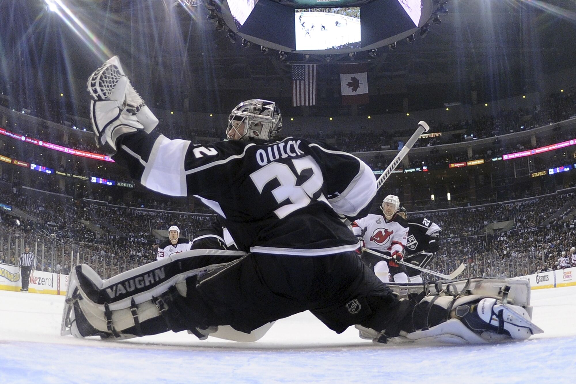 Kings goalie Jonathan Quick makes a glove save during the 2012 Stanley Cup Final against the New Jersey Devils.