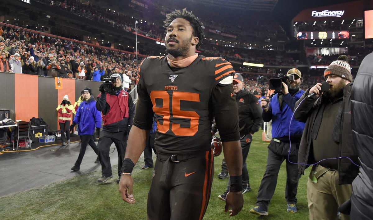 Cleveland Browns defensive end Myles Garrett walks off the field after being ejected from a game against the Pittsburgh Steelers on Nov. 14.