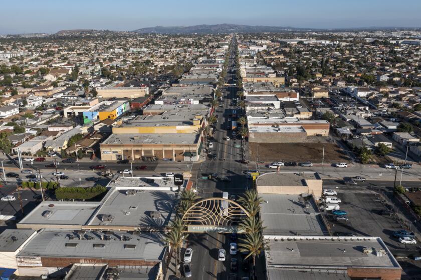 East Los Angeles, CA - October 26: An aerial view of Whittier Blvd. and Arizona Ave. in East Los Angeles Tuesday, Oct. 26, 2021. (Allen J. Schaben / Los Angeles Times)