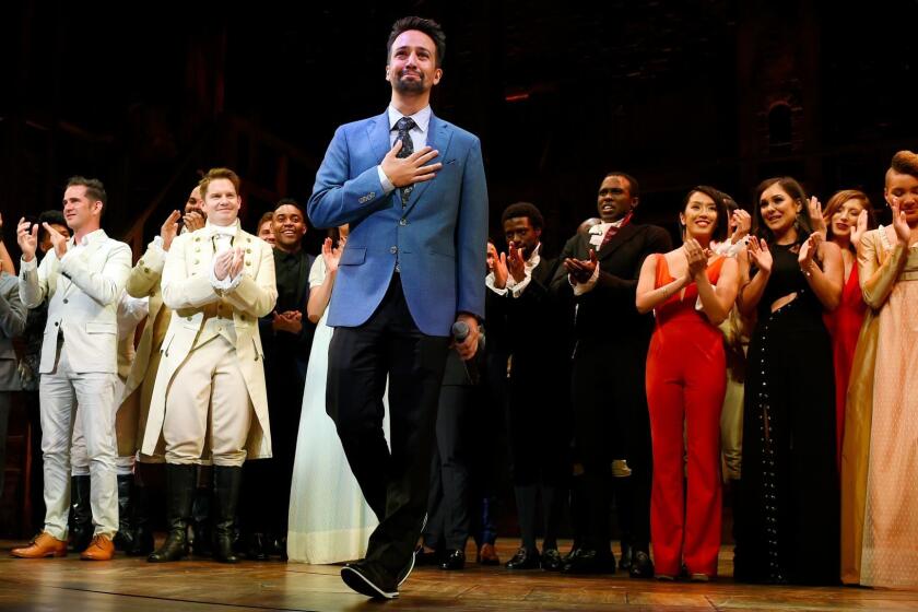 Lin-Manuel Miranda, creator of "Hamilton: An American Musical," acknowledges applause from the audience during the curtain call on the opening night of the Los Angeles run of the show at the Pantages Theatre on Wednesday, Aug. 16, 2017, in Los Angeles. (Photo by Chris Pizzello/Invision/AP)