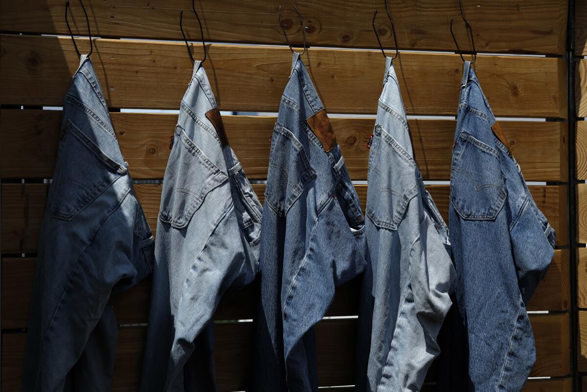 A look at a wall of Levi's jeans at the brand's temporary mobile location in downtown Los Angeles.