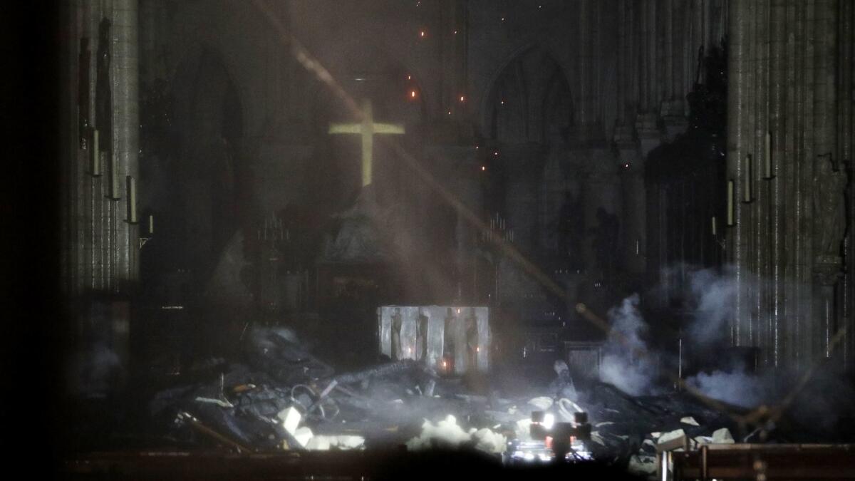 The interior of the Notre-Dame Cathedral as flames burn the roof in Paris, France on April 15.