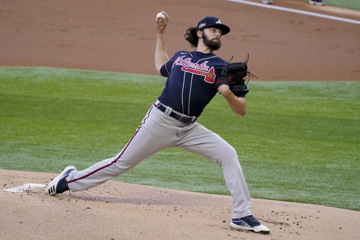 Atlanta Braves starting pitcher Ian Anderson delivers during the first inning against the Dodgers on Tuesday.
