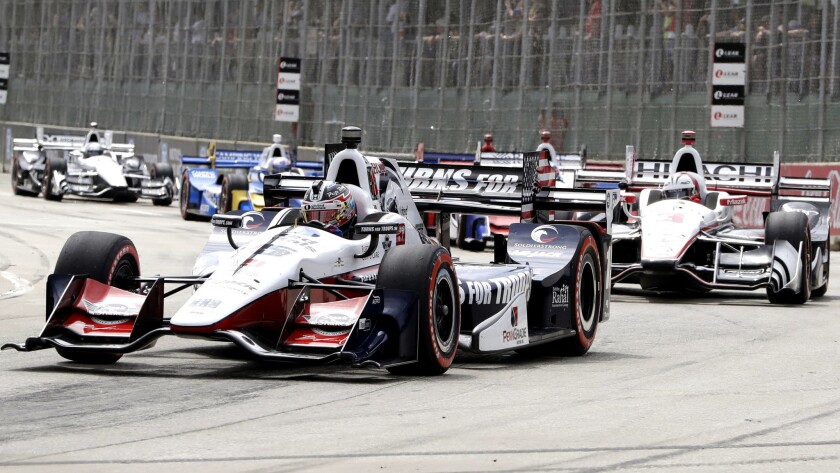IndyCar driver Graham Rahal leads the field through a turn at the Detroit Grand Prix race on Saturday.