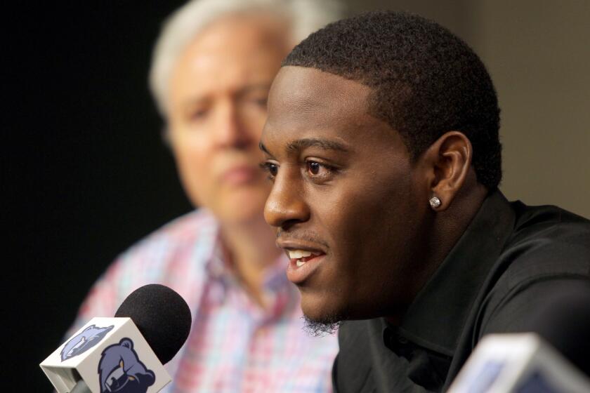 Jordan Adams is introduced to the media Friday after being selected by the Memphis Grizzlies with the No. 22 overall pick. Adams is one of three UCLA Bruins who were taken in the first round of the NBA draft.