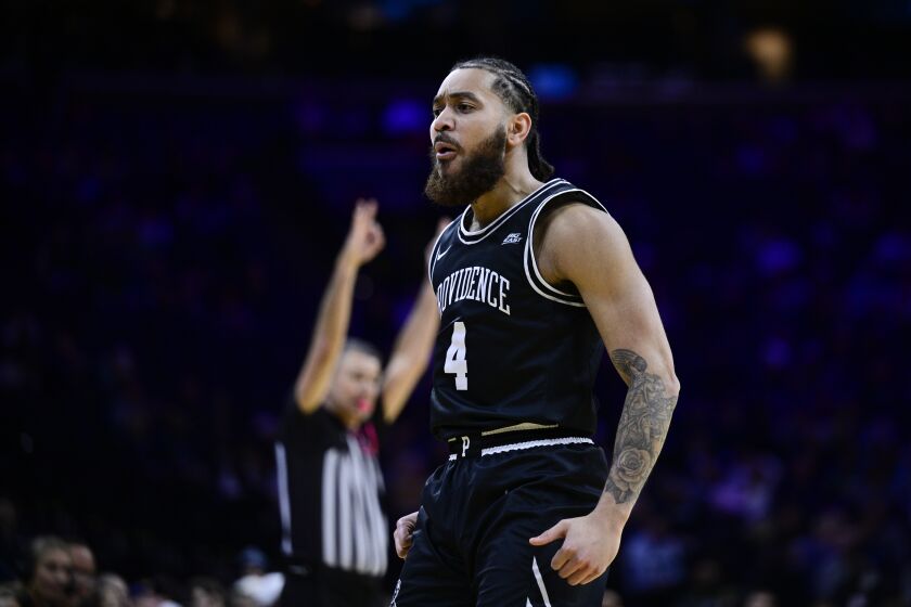 Providence's Jared Bynum reacts after a three-point basket during the second half of an NCAA college basketball game against Villanova, Sunday, Jan. 29, 2023, in Philadelphia. (AP Photo/Derik Hamilton)