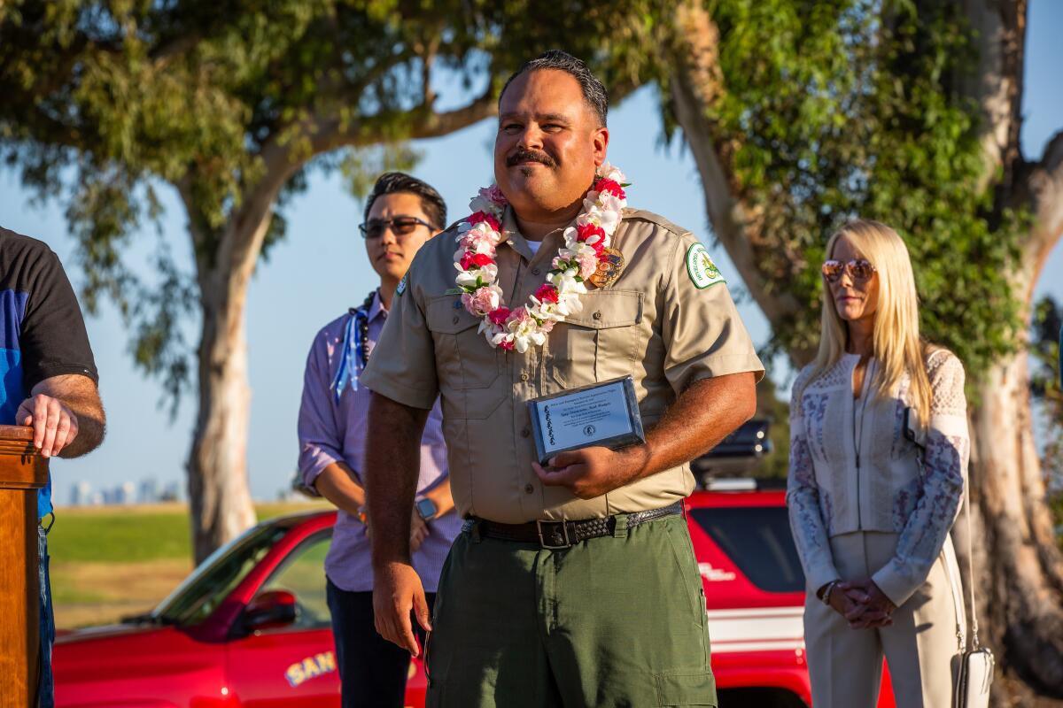 Iggy Sorenseene, a park ranger at Mission Bay Park, was honored for his service to PB at the PAESAN picnic.