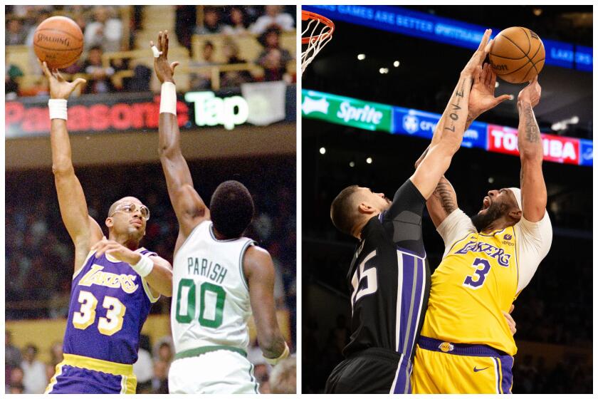 Left, Los Angeles Lakers center Kareem Abdul-Jabbar displays his famous "sky-hook" shot as Boston Celtics center Robert Parrish (00) defends on Dec. 11, 1987, at the Boston Garden. After setting more records than anyone else in the history of the NBA, Abdul-Jabbar enters his sport's Hall of Fame Monday May 15, 1995 at ceremonies in Springfield, Mass. Right, Los Angeles Lakers forward Anthony Davis (3) is fouled by Sacramento Kings center Alex Len (25) while putting up a short jumper in the first half on March 6, 2024 at Crypto.com Arena in Los Angeles, California.(AP Photo/Carol Francavilla, Gina Ferazzi / Los Angeles Times)