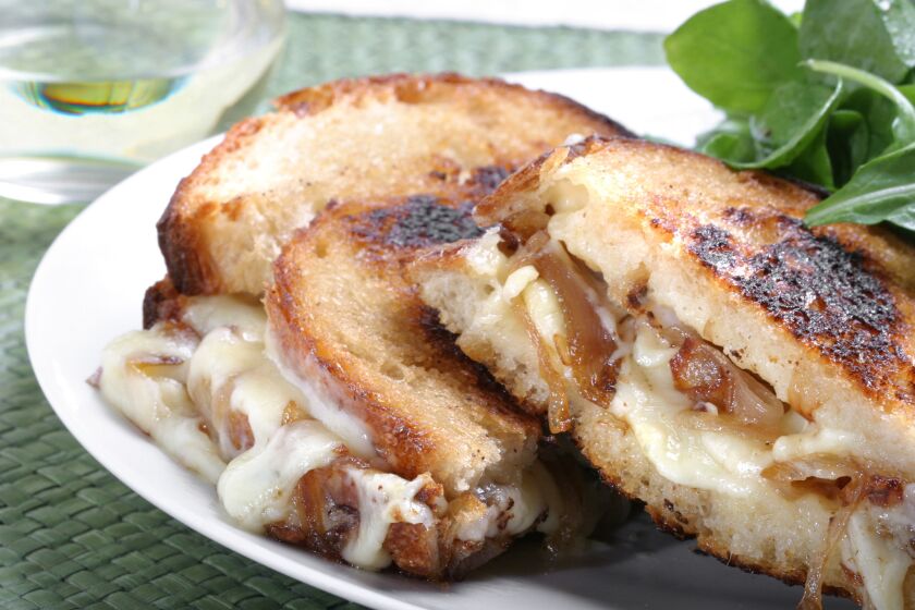 Melted cheese, crisp bread and white wine. Recipe: Lucques' grilled cheese with shallots