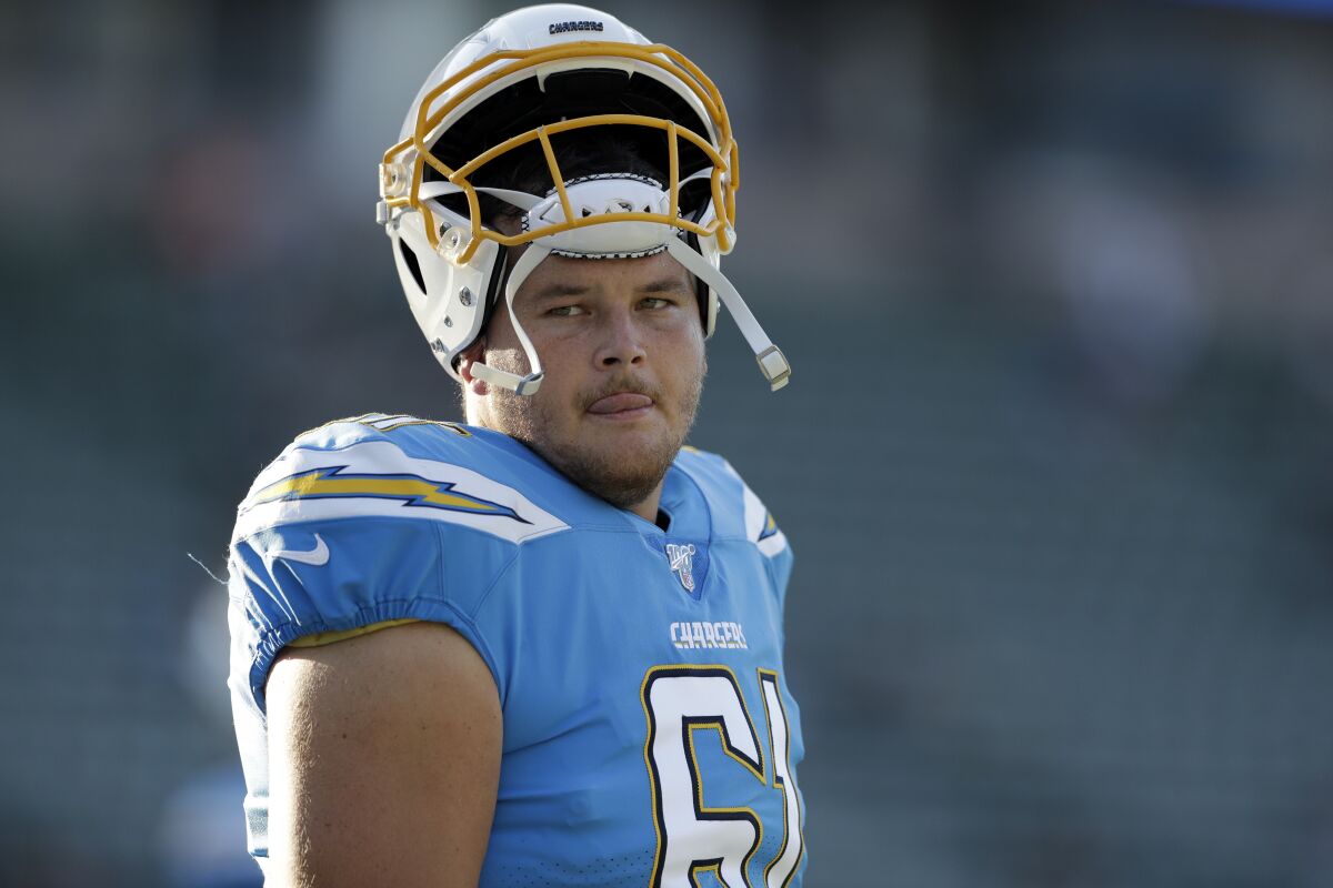 Chargers center Scott Quessenberry is licking his lips as he looks forward to his first NFL start Sunday, when L.A. visits the Chicago Bears.