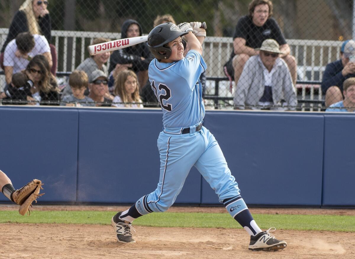 Corona del Mar High's Kieran Sidebotham, pictured hitting a single against Beckman on April 6, 2018, had a walk-off hit in the Sea Kings' 6-5 win over Esperanza on Tuesday.