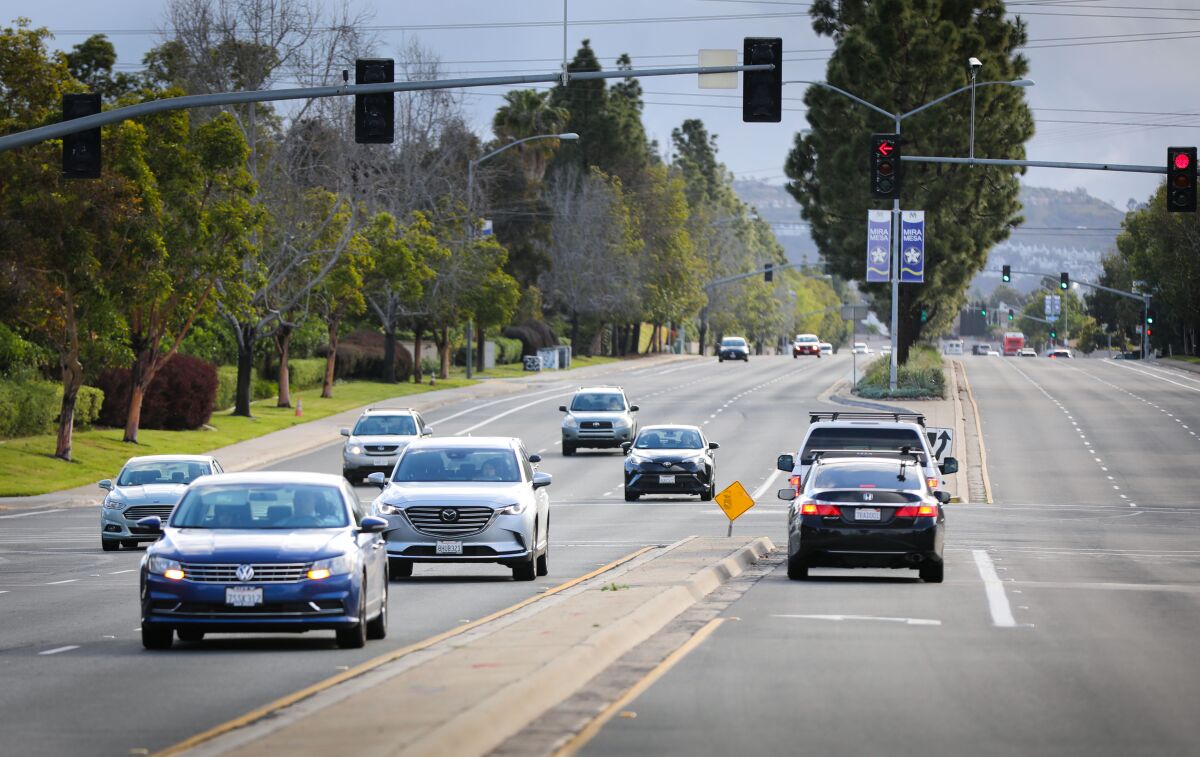 Traffic on Mira Mesa Boulevard at Camino Santa Fe on March 17, 2020 in San Diego.