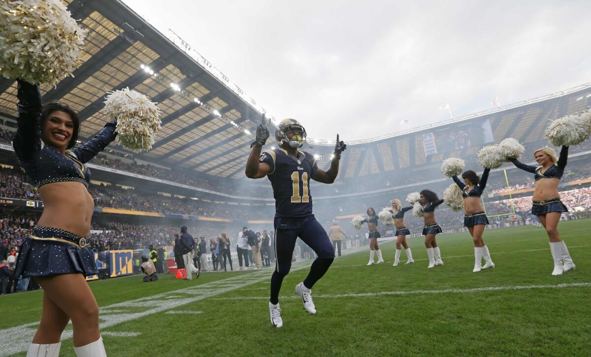 Rams receiver Tavon Austin runs onto the field during a game against the New York Giants at Twickenham Stadium in London on Oct. 23.