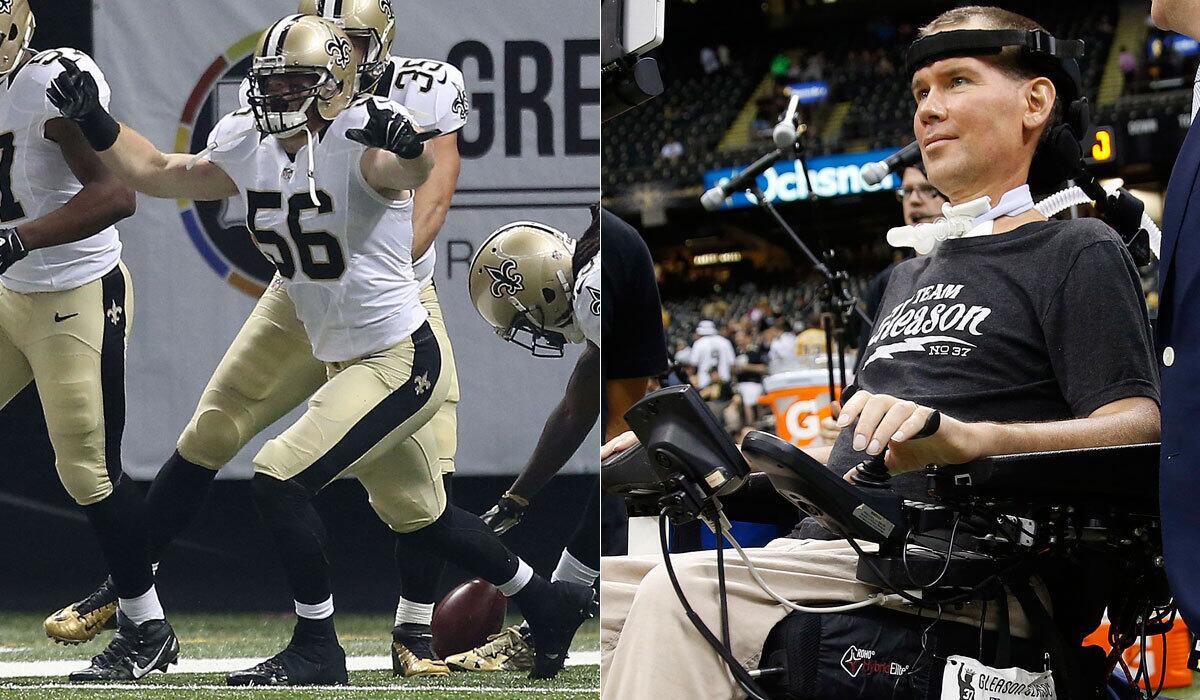 Michael Mauti, left, celebrates after blocking a punt and recovering it for a touchdown; Steve Gleason was honored before the Saints-Falcons game Thursday night.