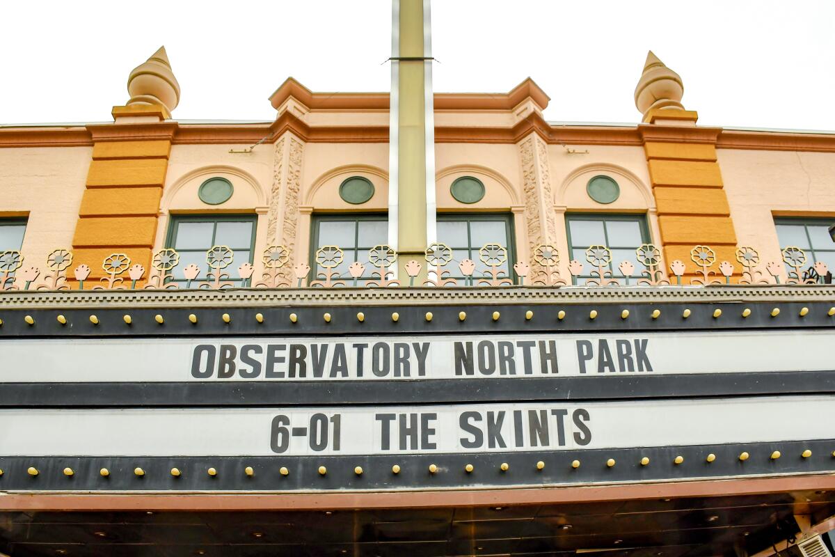 The Observatory North Park theater marquee touts a show by the Skints.