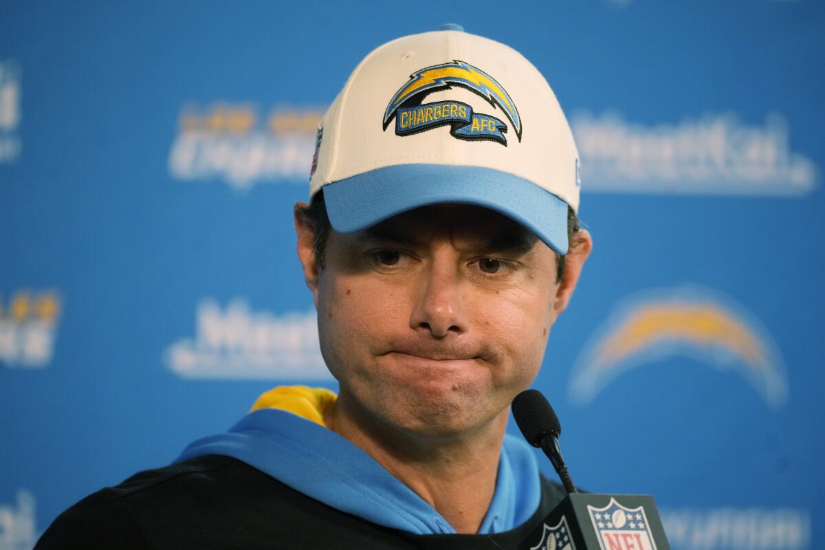 Chargers head coach Brandon Staley responds to a question at a press conference.